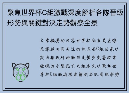 聚焦世界杯C組激戰深度解析各隊晉級形勢與關鍵對決走勢觀察全景
